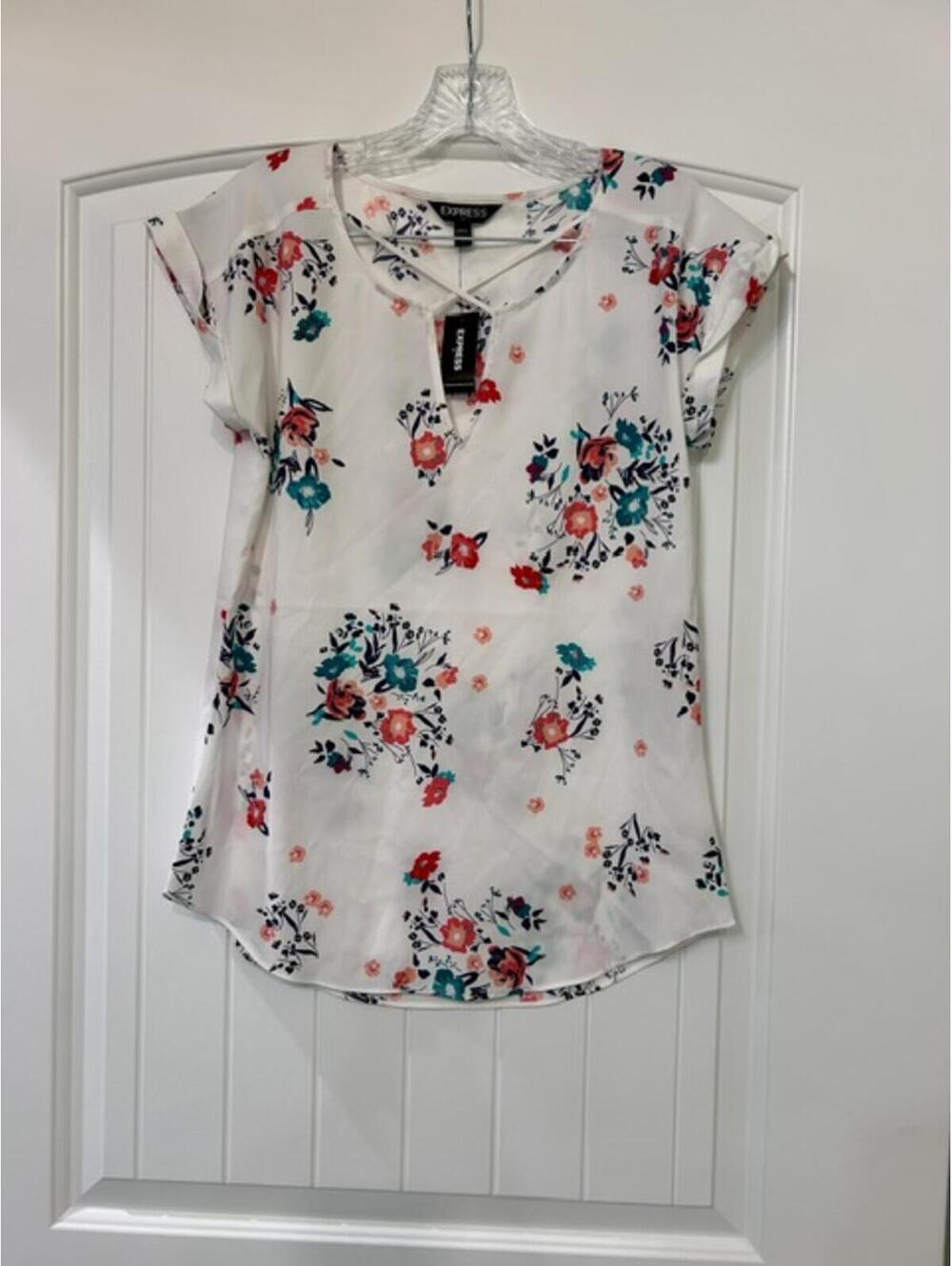 🌸 Express White & Floral Semi‑Sheer Waist‑Length Top | Size S | NWT